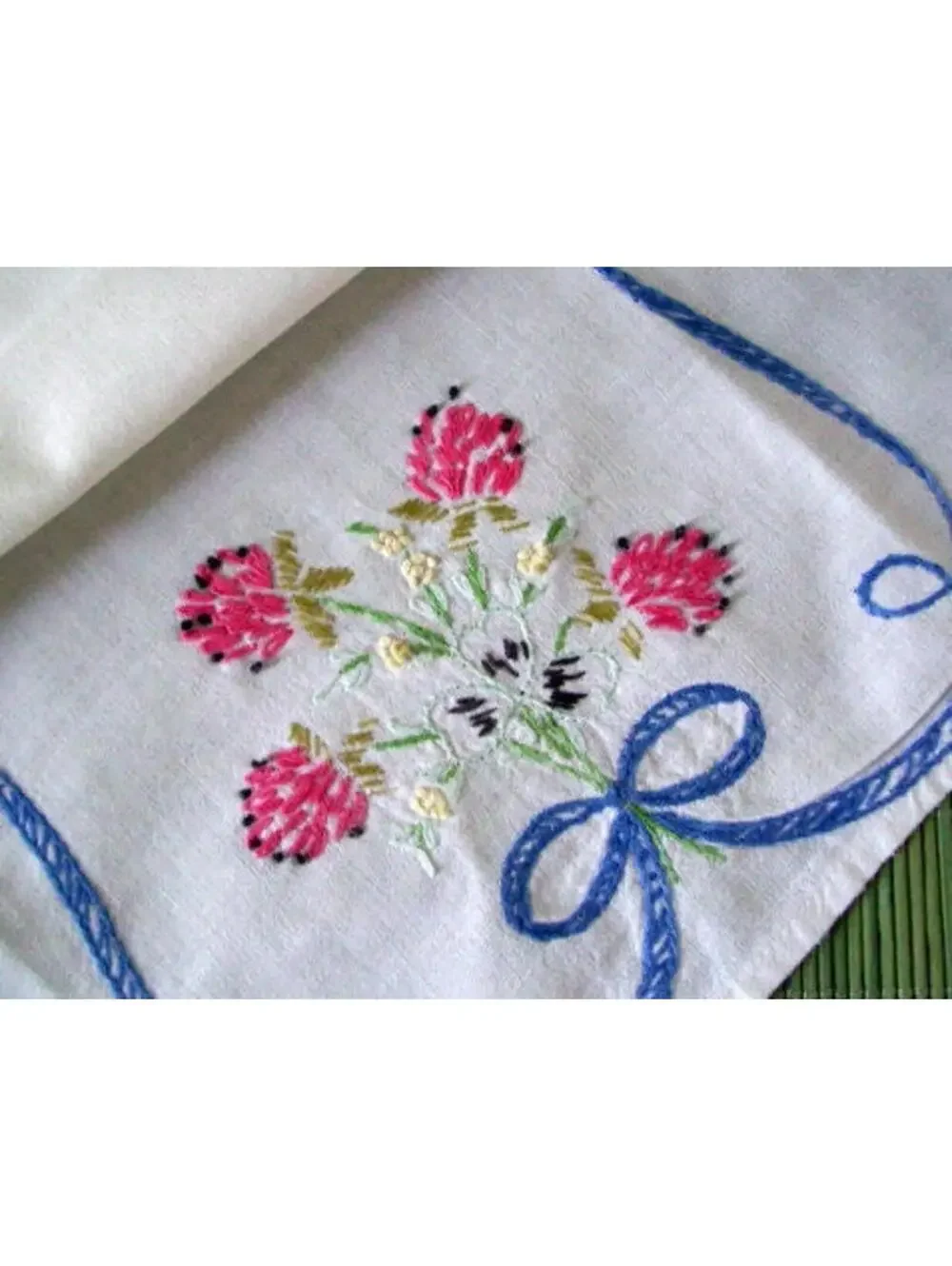 Vintage Embroidered Table Scarf: Floral Ribbon Cotton Table Runner